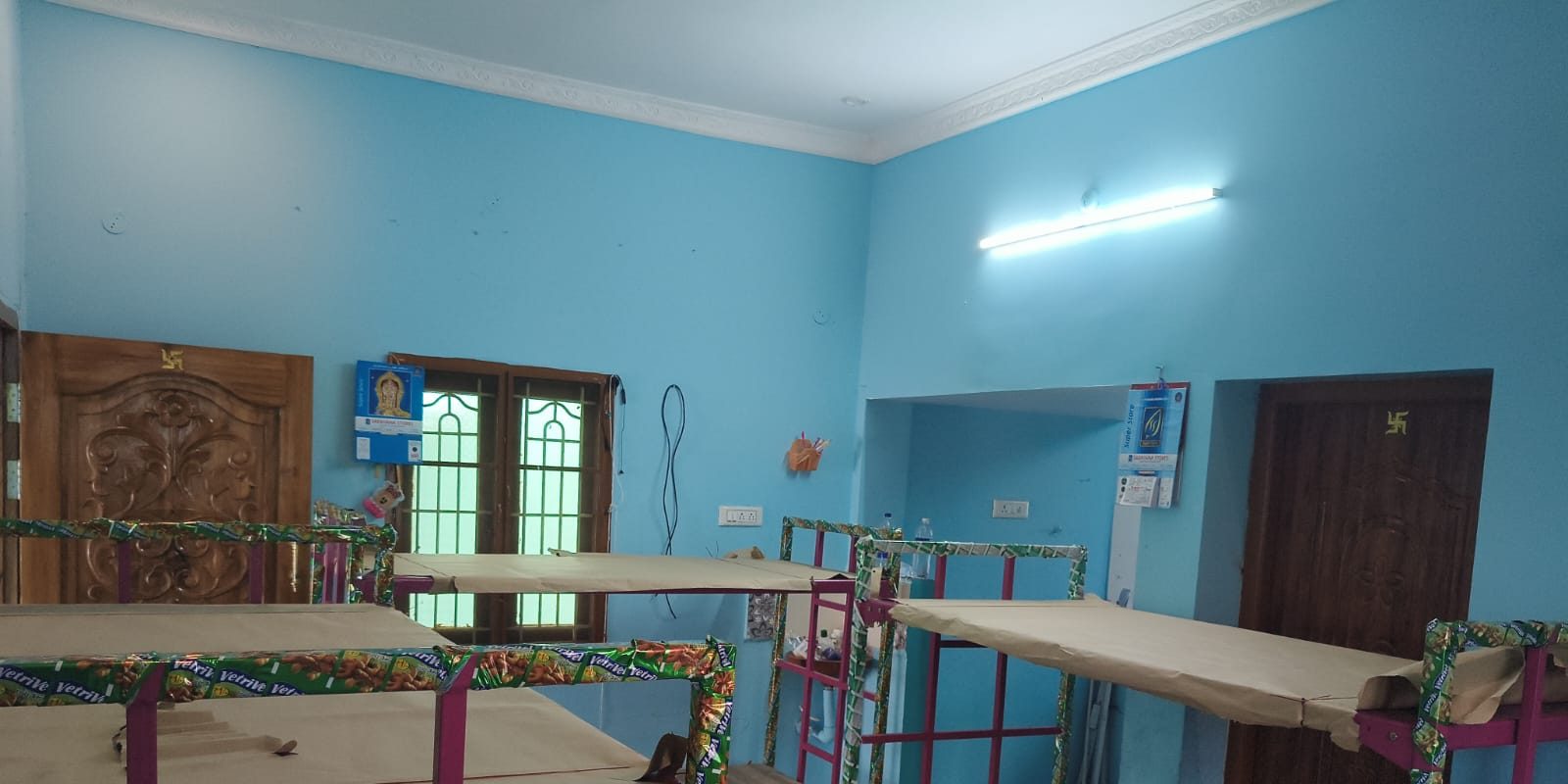 Student hostel room furnished with new bunk beds